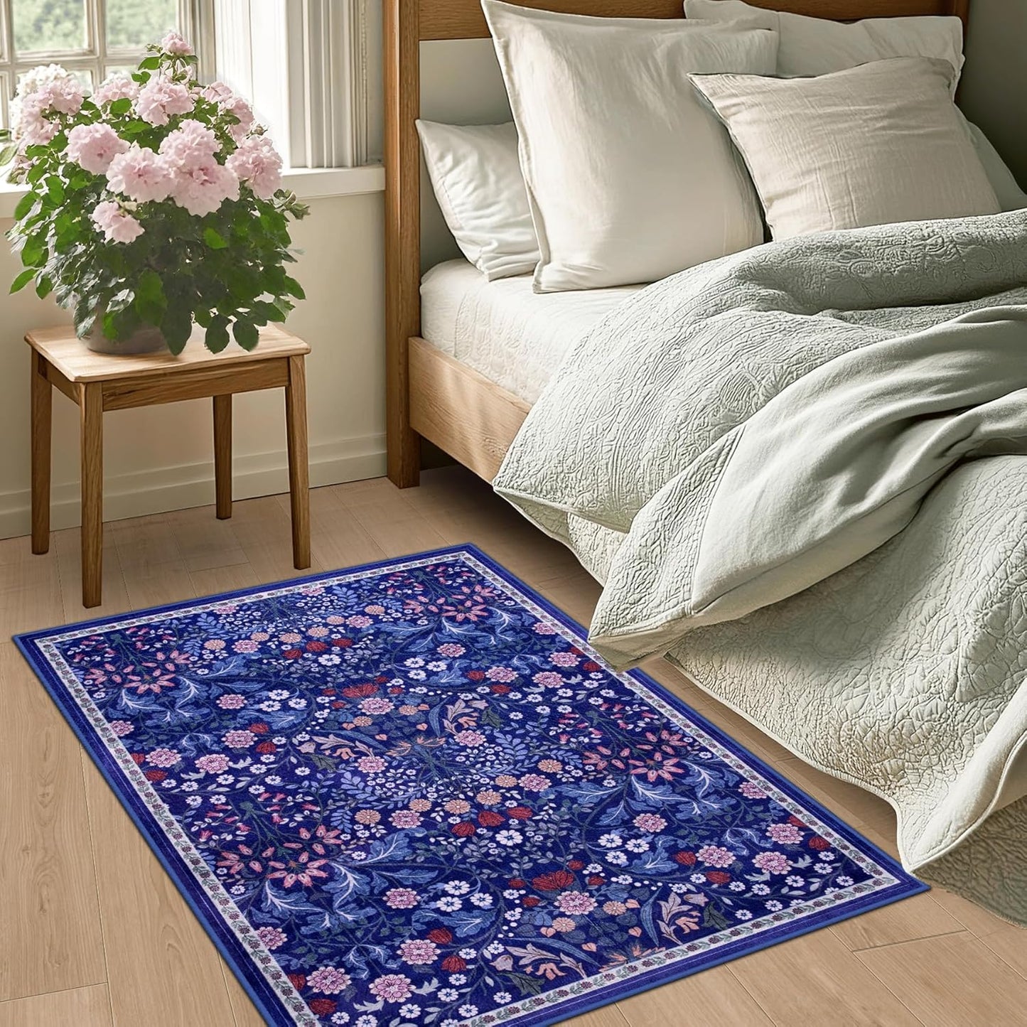 Entryway Rug 2X3 Small Rugs: Floral Washable Door Mat Vintage Soft Low Pile Non-Slip Kitchen Rugs Stain Resistant Indoor Throw Rug for Entrance, Bedroom, Kitchen, Laundry, Bathroom Blue