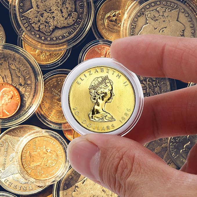 100Pcs 30mm Coin Holders with 5-Size Foam Gasket, Plastic Coin Capsules for Collectors, Clear Coin Case with Storage Organizer Box for Coin Collection Supplies, White Gasket 17/20/25/27/30mm