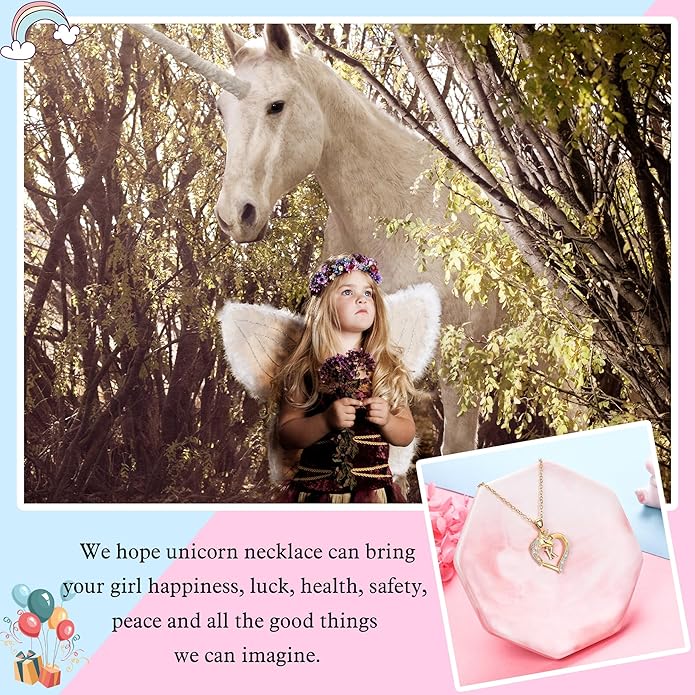 Hidepoo Unicorn Necklace Gifts for Girls - 14K-Gold-Plated Colorful CZ Heart Necklace Girls Jewelry Initial Unicorn Necklaces for Girl Birthday Gifts