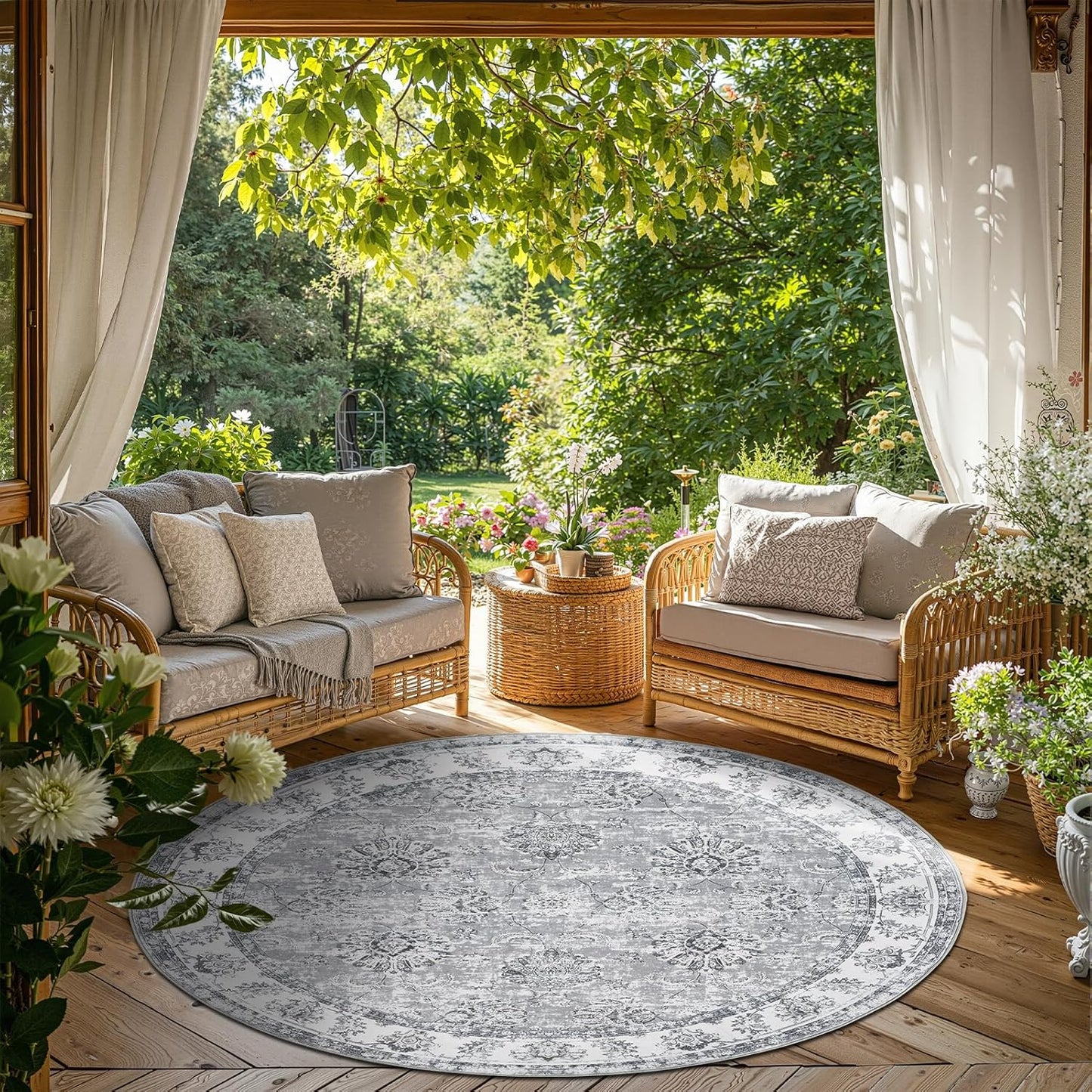 jinchan Round Rug 6ft Area Rug - Grey Vintage Floor Mat Kitchen Indoor Ultra-Thin Soft Floral Print - Washable Circle 6' Retro Accent for Farmhouse Non Slip Dining Room Living Room Bedroom Office