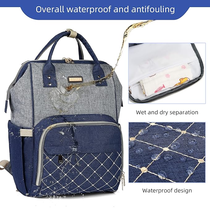 Diaper Bag Backpack, Diaper Bags for Baby Girls Boys, Baby Bags for Moms Dads, Nappy Changing Bag with Insulated Pockets,Multi-functional Waterproof Backpack with Stroller straps- Light Grey Blue