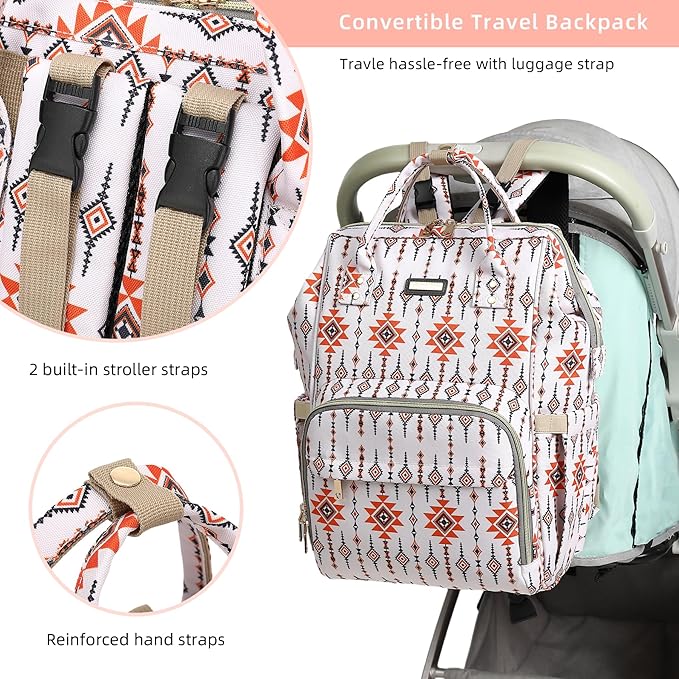 Diaper Bag Backpack, Diaper Bags for Baby Girls Boys, Baby Bags for Moms Dads, Nappy Changing Bag with Insulated Pockets,Multi-functional Waterproof Backpack with Stroller straps-Tribal Orange