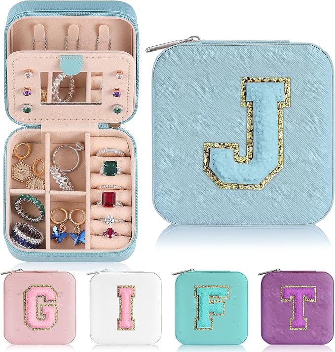Parima Travel Jewelry Box for Girls Women, Jewelry Organizer Box | Personalized Jewelry Boxes for Women Girls Jewelry Box | Necklace Earrings Ring Box - Letter J, Sky Blue