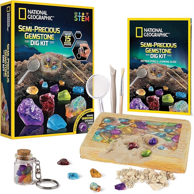 National Geographic Semi-Precious Gemstone Dig Kit for Kids - 15 Gems Including Amethyst, Garnet, Opal, Blue Topaz, and More