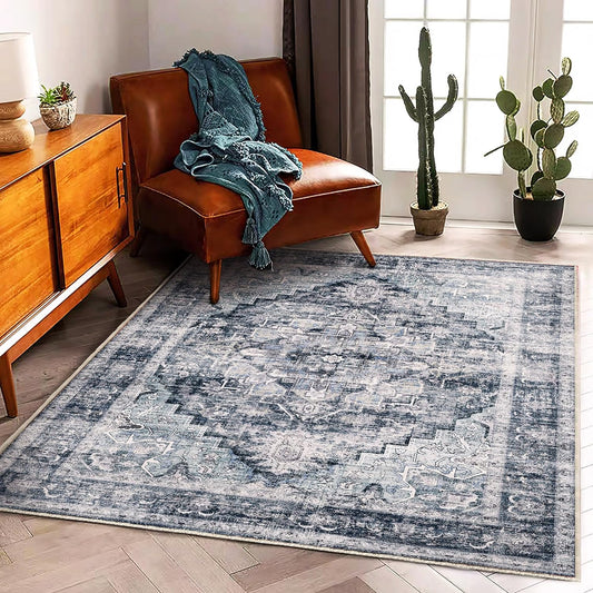 3'x5' Dark Blue Vintage Washable Thin Area Rug Traditional Floor Cover Foldable Indoor Distressed Non Slip Carpet for Bedroom Living Room Bathroom