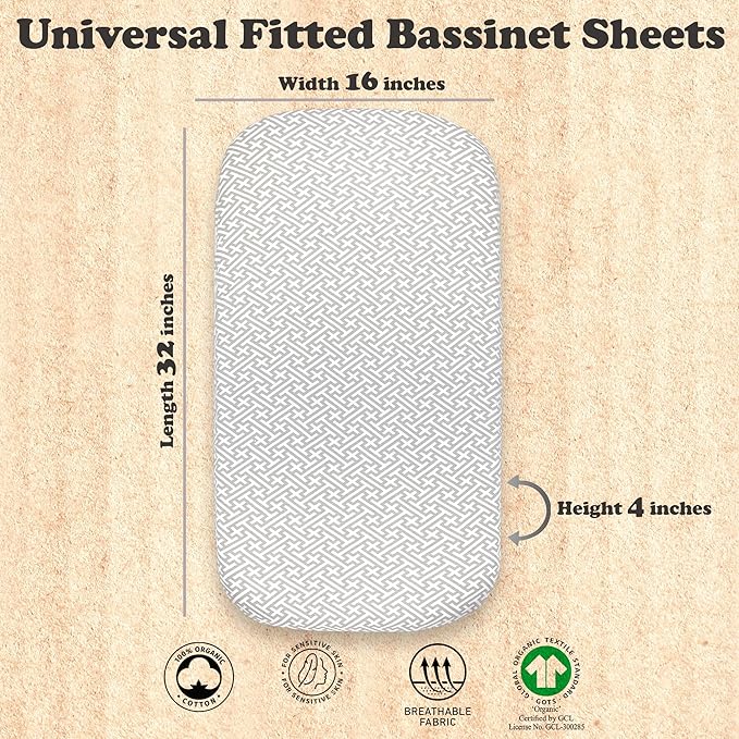 2-Pack Organic Fitted Bassinet Sheets, Compatible with Halo, Snoo, Graco, Dream On Me, Delta, and Other Standard Size Bassinets - Fits Oval, Hourglass, & Rectangle Shapes (Size 32 x 16 x 4 Inches)