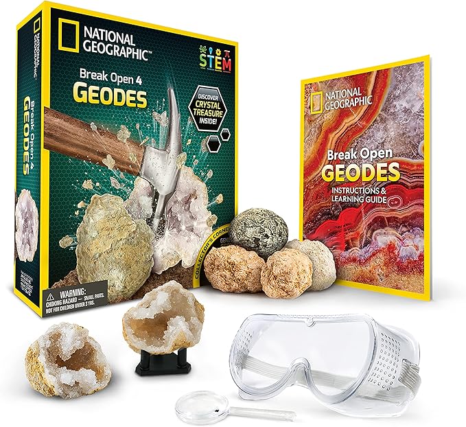 NATIONAL GEOGRAPHIC Break Open 4 Geodes Science Kit – Includes Goggles and Display Stand - STEM Science Gift for Boys and Girls, Break Your Own Geodes with Crystals (Amazon Exclusive)