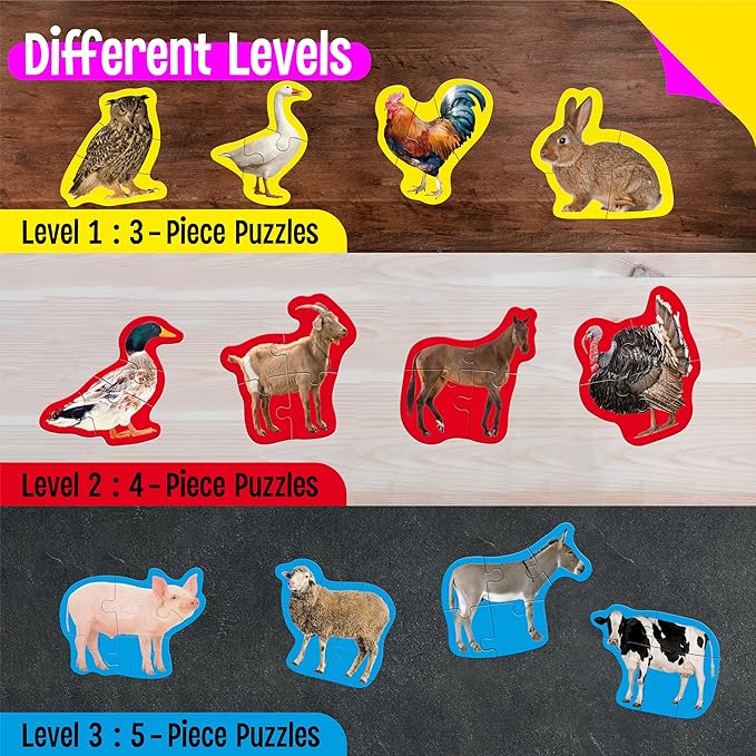12 Pack Realistic Animal Puzzles, 48 Pieces Step-by-Step Animal Jigsaws, Farm Animal Jigsaw Puzzles with Back Footprint Guide Early Learning for Beginner Preschool Toddlers 3+