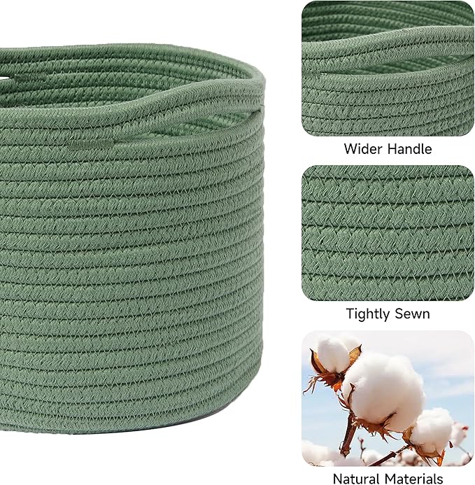 Small Basket for Organizing | Cube Shelf Closet Storage Baskets | 9.7×9.7×7.1” | Woven Rope Gift Basket | Nursery | Round 3 Packs Green
