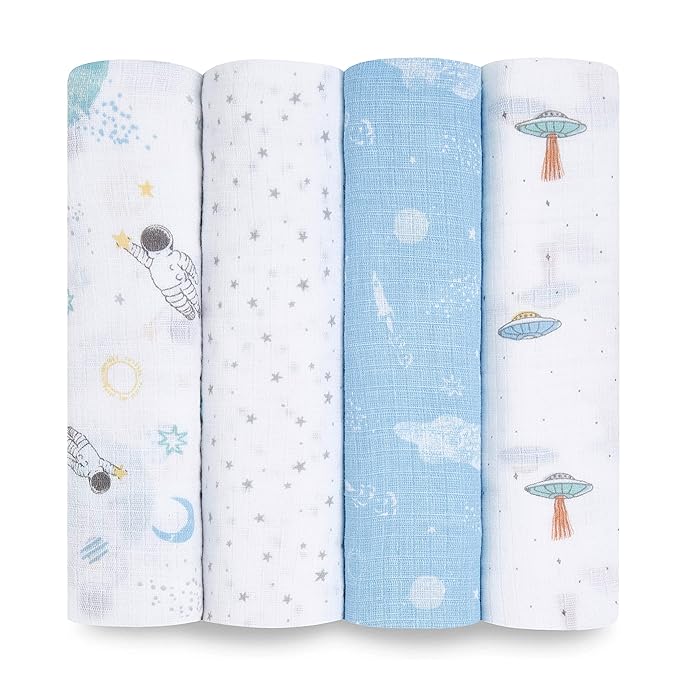 aden + anais Essentials Swaddle Blanket, Boutique Muslin Blankets for Girls & Boys, Baby Receiving Swaddles, Ideal Newborn & Infant Swaddling Set, Perfect Shower Gifts, 4 Pack, Space Explorers