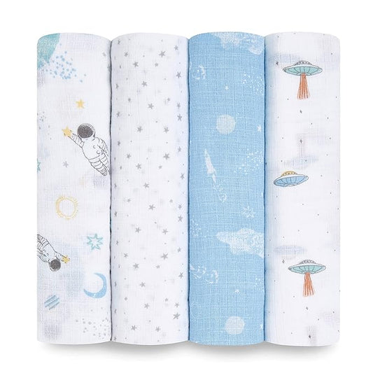 aden + anais Essentials Swaddle Blanket, Boutique Muslin Blankets for Girls & Boys, Baby Receiving Swaddles, Ideal Newborn & Infant Swaddling Set, Perfect Shower Gifts, 4 Pack, Space Explorers