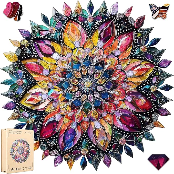 Jiroinlly Wooden Jigsaw Puzzles 500 Pcs - Diamond Mandala Wooden Puzzles for Adults, Luxurious Shaped Wood Puzzle, Beautiful Package, Best Gift for Adults and Kids, Family Game, 16.4'' x 16.7''