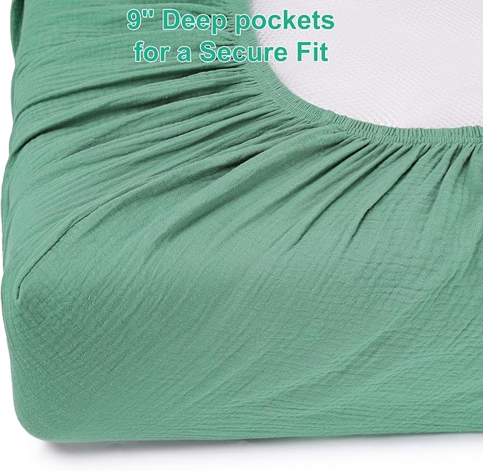 2 Pack Muslin Fitted Crib Sheets for Baby Girls & Boys-Neutral Breathable Crib Mattress Protector for Standard Crib Mattress (28"x 52") -Soft No Slip Toddler Cotton Bedding-Green & Grey