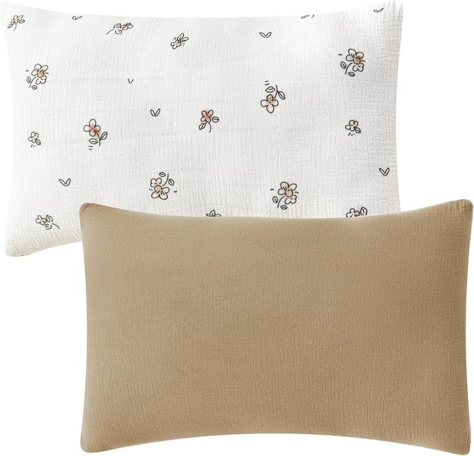 JELLYMONI 2 Pack Muslin Toddler Pillowcase for 13x18 Pillow, 100% Cotton Baby Pillow Case Cover for Bed, Toddler Cot and Travel, Soft & Breathable Baby Kids Envelope Pillowcase, No Pillow