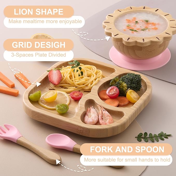 Suction Plates Bowls Set for Baby Toddler Non-Toxic Bamboo Feeding Set with Silicone Fork & Spoon (Pink Feeding Set)