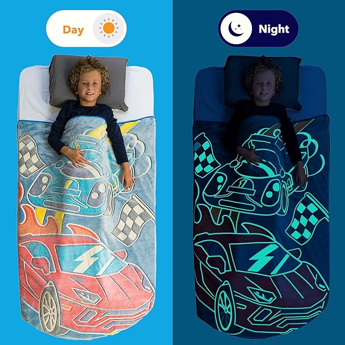 Glow in the Dark Race Car Throw Blanket – Fun Birthday Gift for Kids Who Love Toy Cars & RC Cars. Cool Hot Rod Design with Wheels Burning on the Race Track. Great for Race Car Bed or Boys Room Décor.
