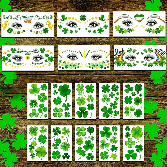 120+ PCS Glitter St Patrick's Day Face Tattoos Stickers, Two Sizes Glitter Body Jewelry Lucky Shamrock Clover Tattoos, St. Patrick's Day Accessories Temporary Tattoos for Irish Party