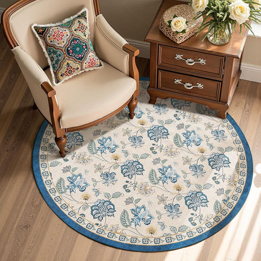 jinchan 4ft Floral Round Rug for Entryway Washable Kitchen Rug Vintage Romance Design Non Slip Indoor Doormat Lightweight Low-Profile Throw Carpet for Living Room Dining Room Bedroom, Blue/Beige