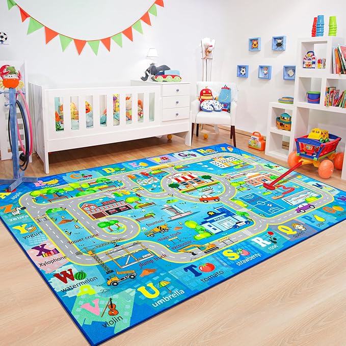 Chicrug 6x9 Car Road Area Rug for Kids Playroom Bedroom, Non Slip Low Pile Washable ABC Alphabet Carpet for Classroom, City Track Play Mat for Toddler Children Nursery Baby Room Decor, Blue