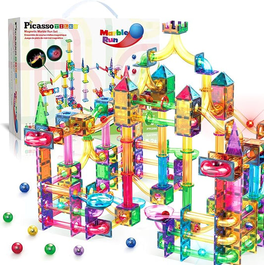 PicassoTiles 200pc Magnetic Marble Run Tiles Toy STEM Educational Race Track with Light Up Marbles Magnet Tile Building Blocks Maze Kit Sensory Pretend Play Toys for Toddlers Boys Girls Ages 3+ PTG200
