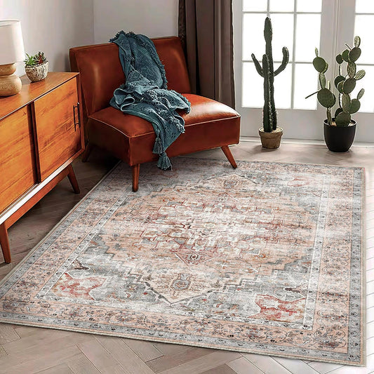 3'x5' Light Cyan and Light red Vintage Washable Thin Area Rug Traditional Floor Cover Foldable Indoor Distressed Non Slip Carpet Floral Print Mat Bedroom Living Room Bathroom