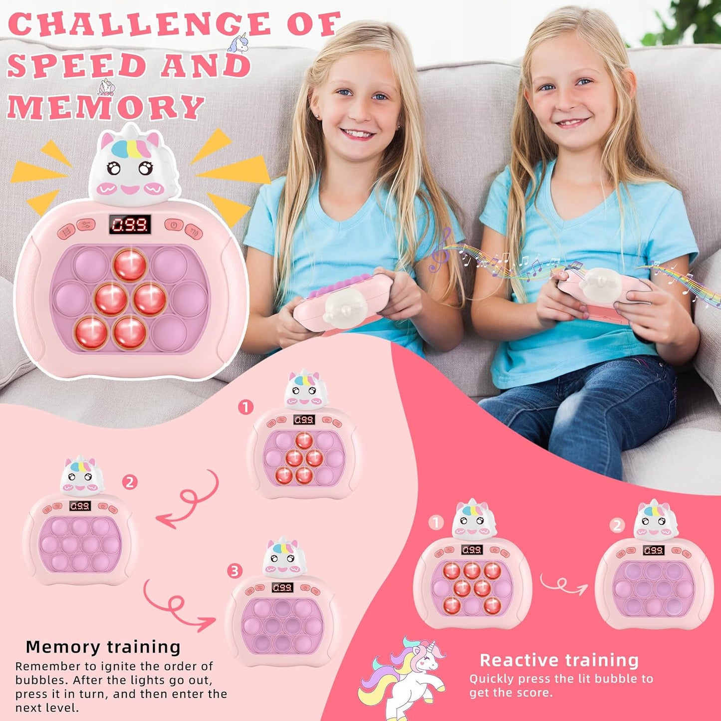 Upgraded Quick Push Game Pop Bubble Up Toys for Kids, Funny Toys with LED Screen for Kids 3-12 for Girls and Boys Bubble Stress,Handheld Puzzle Game Sensory Toys(Batteries Included)(Unicorn)