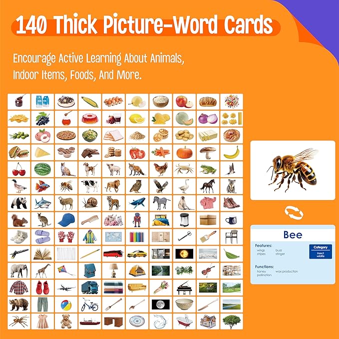 140 Noun Picture-Word Cards, Picture Flashcards Language Builder Visual Aid Speech Development Tool for Autism, ESL Teaching Materials for Adults, Non-Verbal Children Vocabulary Builder for Toddlers