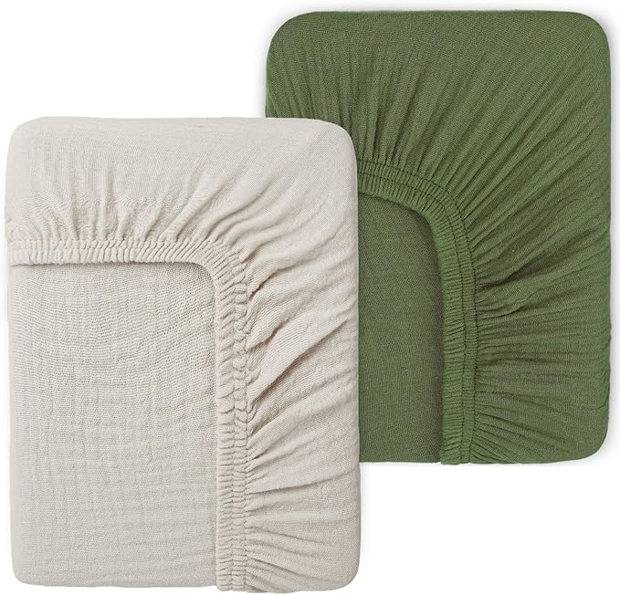 Muslin Mini Crib Sheets for Girls & Boys-2 Pack 24"x 38" Soft Baby Mattress Sheets Fitted-No Slip Neutral Toddler Cotton Bedding-Boho Nursery Décor Olive Green & Beige
