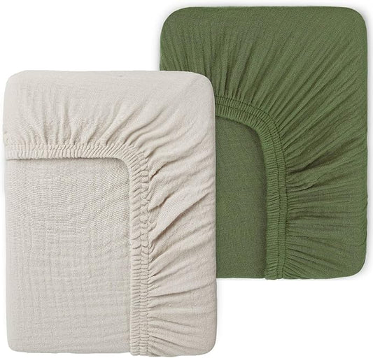 Muslin Mini Crib Sheets for Girls & Boys-2 Pack 24"x 38" Soft Baby Mattress Sheets Fitted-No Slip Neutral Toddler Cotton Bedding-Boho Nursery Décor Olive Green & Beige