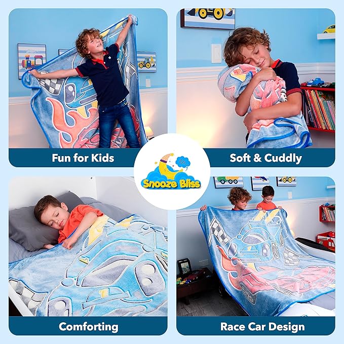 Glow in the Dark Race Car Throw Blanket – Fun Birthday Gift for Kids Who Love Toy Cars & RC Cars. Cool Hot Rod Design with Wheels Burning on the Race Track. Great for Race Car Bed or Boys Room Décor.