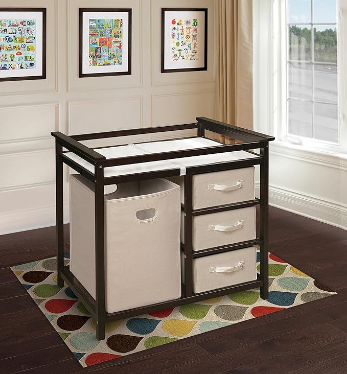 Badger Basket Modern Baby Changing Table for Nursery - Diaper Changing Station with Laundry Hamper, 3 Storage Drawers, Changing Pad, and Safety Belt - Espresso and Ecru