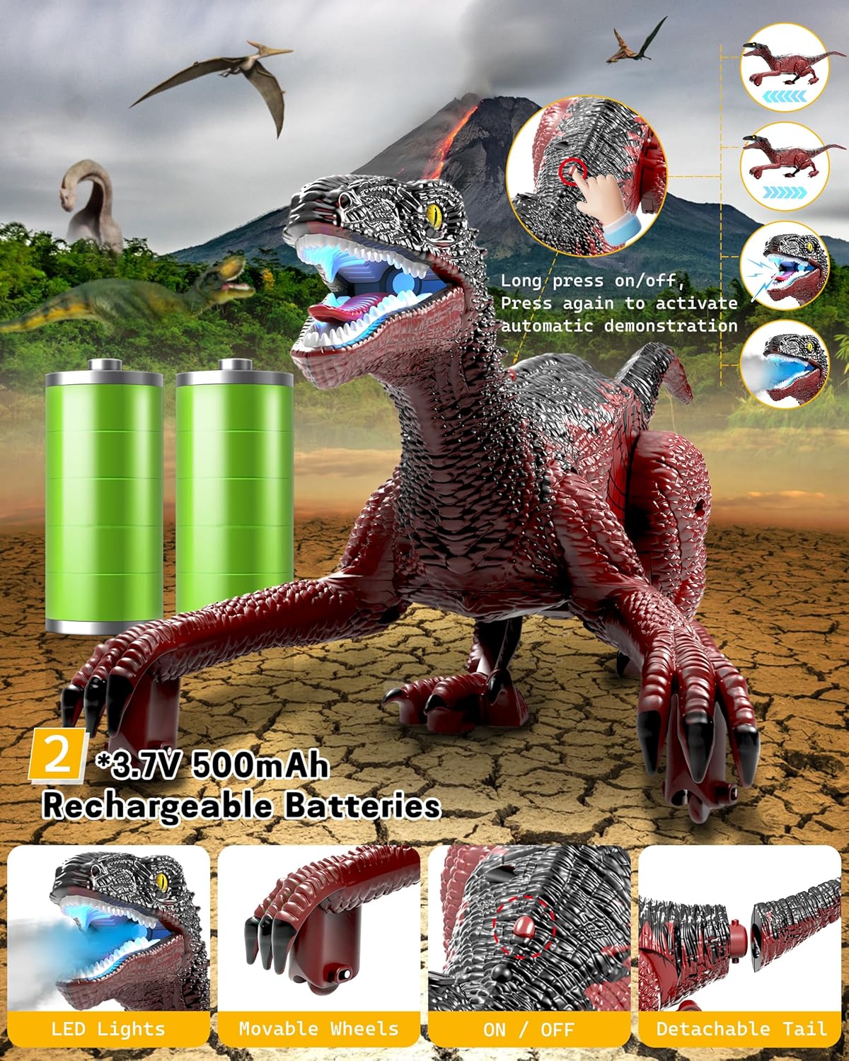 Eulogia Dinosaur Toy, RC Dinosaur Car with 2-in-1 Remote, Gesture-Sensing Forward Backward Dino, Features Spray & Sounds & Lights, One-Key Demo Car, 4-12 Boys Grils Gift for Birthday Christmas Party