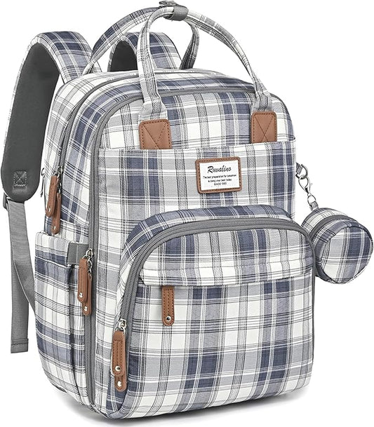 RUVALINO Diaper Bag Backpack, Multifunction Travel Pack Maternity Baby Changing Bags, Large Capacity, Waterproof, Blue Plaid