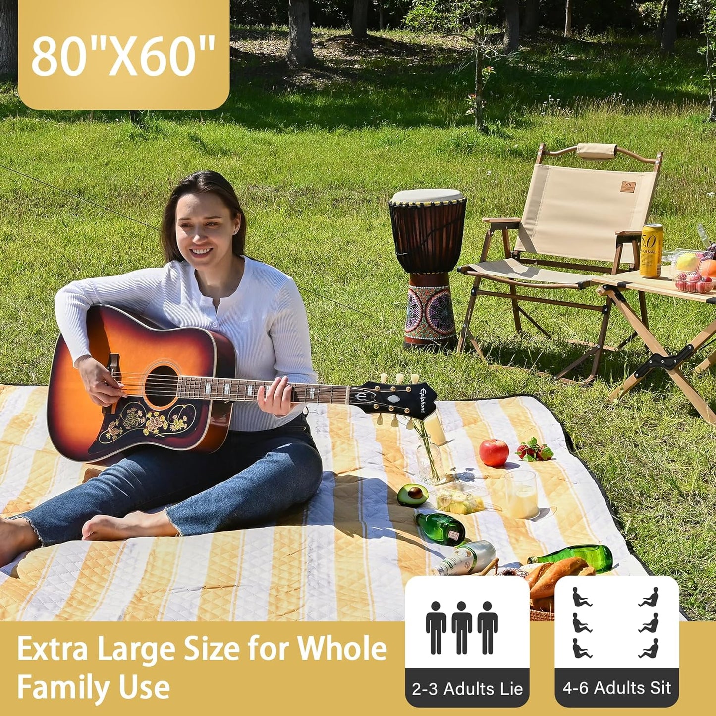 HX&OD Outdoor Picnic Blanket Extra Large, 80''*60'' Waterproof Picnic Mat with Stakes Foldable Camping Blanket Portable with Carry Strap for Beach Mat (Green& White, 80''*60'')