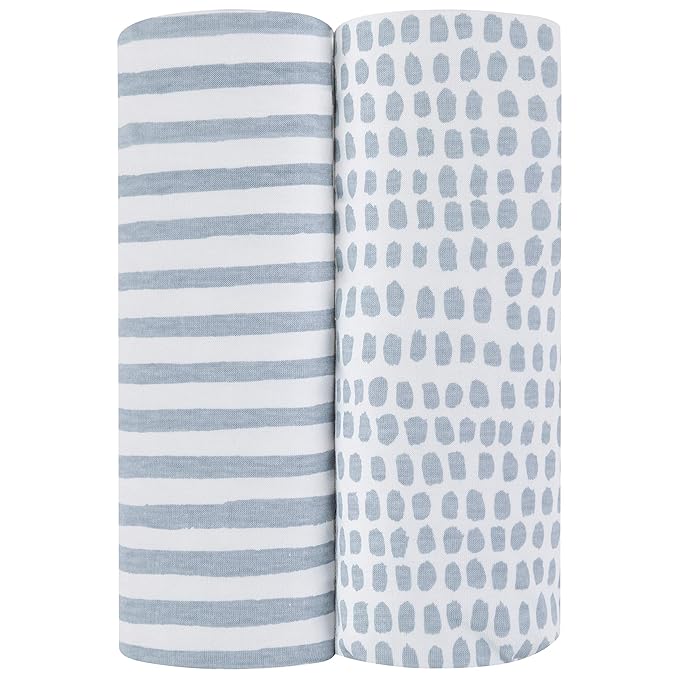 Ely’s & Co. Waterproof Crib Sheet/Toddler Bed Sheets – All-in-One Mattress Protector and Fitted Sheet – Soft Jersey Cotton, Misty Blue Splash & Stripes, Baby Boy Nursery Bedding Essential – 2-Pack
