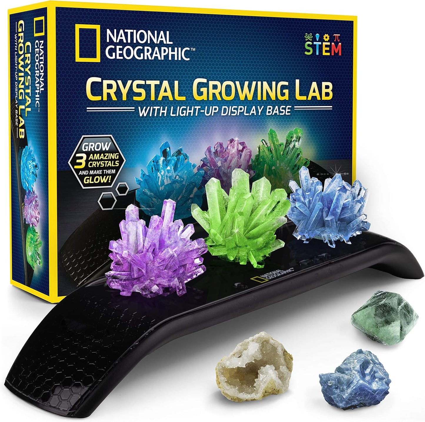 National Geographic Crystal Growing Kit - 3 Vibrant Colored Crystals to Grow with Light-Up Display Stand, Science Toy for Girls and Boys Ages 8-12, Includes 3 Gems, Cool STEM Gift (Amazon Exclusive)