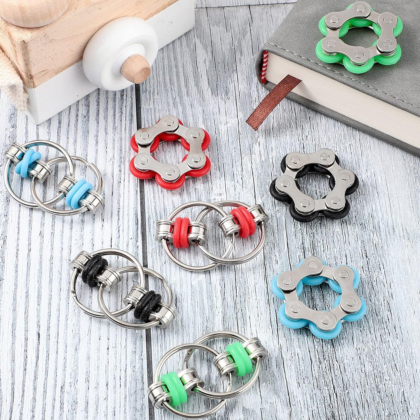 Hicarer 8 Pieces Fidget Toys Set includes 4 Flippy Roller Chain and 4 Six Roller Bike Chain Toys for Adults and Teenagers in Learning Help (Red, Sky Blue, Green, Black)