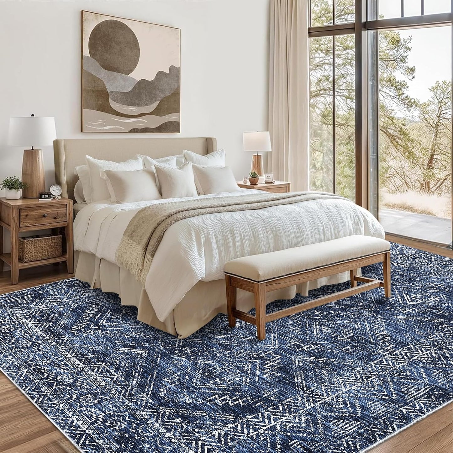 COZYLOOM 4x6 Area Rug for Living Room Bedroom Playroom Nursery Vintage Non Slip Low Pile Rug Soft Throw Floor Cover Geometric Tribal Foldable Indoor Carpet, Blue