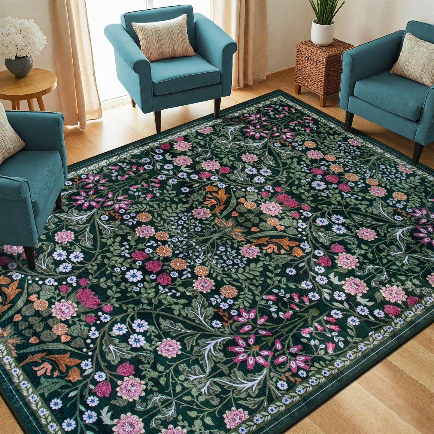 6x9 Area Rugs for Living Room: Floral Washable Rug Vintage Large Soft Boho Non-Slip Carpet Indoor Stain Resistant Thin Carpets for Bedroom Dining Room Farmhouse Nursery Hallway Home Office Dark Green