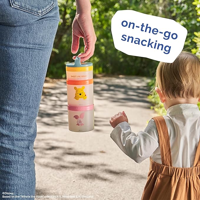 Whiskware Disney Winnie The Pooh Stackable Snack Containers for Kids and Toddlers, 3 Stackable Snack Cups for School and Travel, Sweet Like Honey, Pooh and Friends