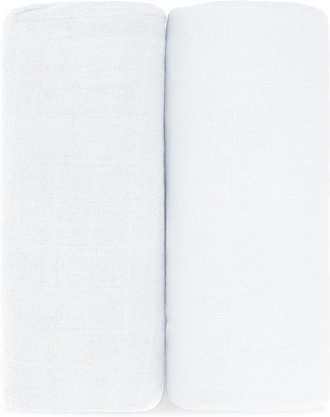 Comfy Cubs Muslin Swaddle Blankets Pack of 2 - 47 x 47 Inch Soft Cotton Baby Blanket Set, Large Multipurpose Wraps for Newborns - Self-Soothing Swaddles for Newborns - White