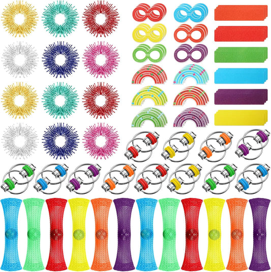 90 Pcs Sensory Fidget Toys Include 12 Sensory Rings 12 Flippy Roller Chain 12 Marble Mesh Fidget Toy 54 Anxiety Sensory Stickers for ADHD Autism Adults Teens Classroom Anxiety Stress Relief