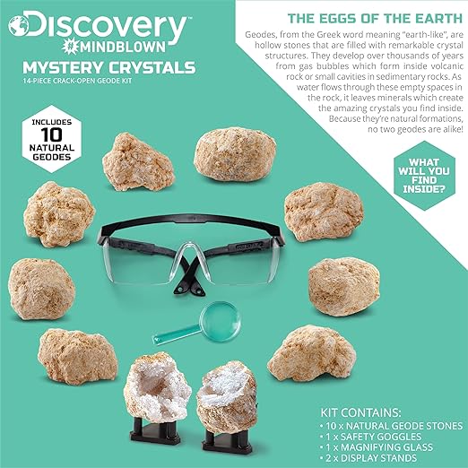 Discovery™ Crack-Open Geode Kit – Mystery Crystal STEM Science Set | 10 Natural Quartz Geodes | Kids Goggles, Magnifying Glass & Display Stands | Rock Dig Activity Toy| Educational Experiment Gift