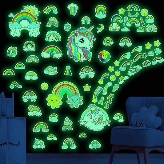 Glow in The Dark Unicorn and Rainbow Wall Decals, Stars Stickers for Baby Girls Room, Luminous Ceiling Decor for Bedroom Playroom Nursery