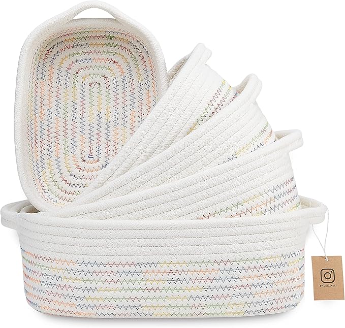 NaturalCozy 5-Piece Rectangle Storage Basket Set- Natural Cotton Rope Woven Baskets for Organizing! Small Basket for Montessori, Baby Nursery, Dog Toy Baskets, Cat Toy Box, Bathroom Organization Bin