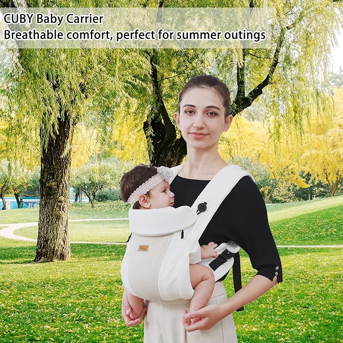 CUBY Newborn Baby Carrier with Head Support and Sunshield, Breathable & Adjustable Newborn Toddler Front Baby Carriers Sling, Hands-Free Newborn Carrier up to 40lbs(White, Classic-with Inner Crotch)