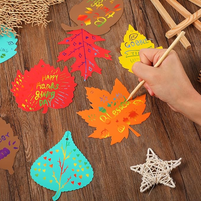 Kasyat 60 Pieces Thanksgiving Scratch Paper Art Set, Fall Scratch Craft Art Colorful Fall Leaves with 60 Pcs Colored Ribbons 10 Pcs Sticks for Kids Autumn DIY Supplies