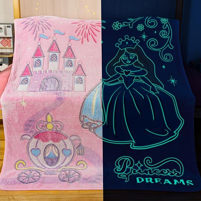 Snooze Bliss Glow in The Dark Princess Blanket– Fun Birthday Gift for Kids Who Love Toys & Dresses for Girls. Cute Toddler Blanket Throw for Princess Bedding and Room Decor