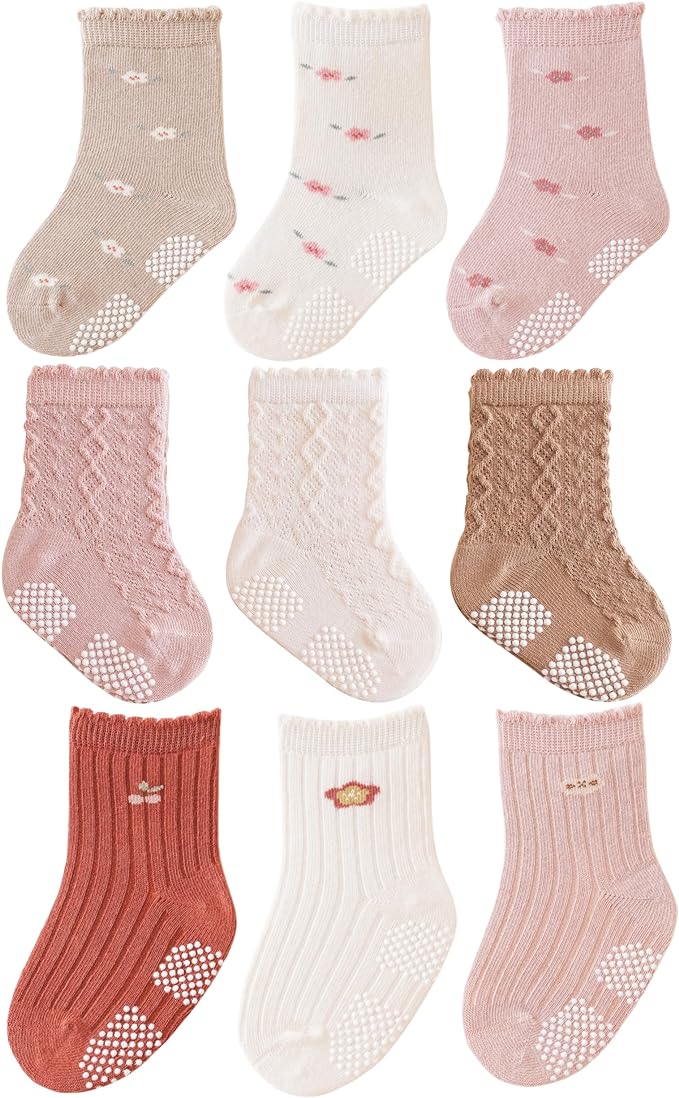 Baby Crew Socks,Grips Combed Cotton Socks Toddler Non-Skid for Girls,Boys Non Slip/Anti Skid 9-Pack