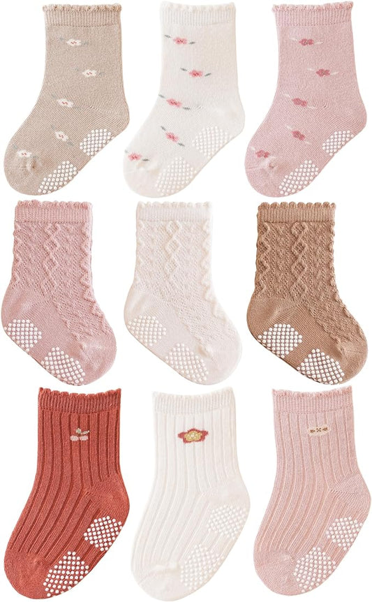 Baby Crew Socks,Grips Combed Cotton Socks Toddler Non-Skid for Girls,Boys Non Slip/Anti Skid 9-Pack